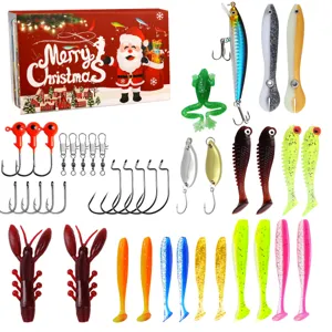 Details des Weihnachts-Angelköder-Kits mit verschiedenen Kunstködern, Haken und Zubehör.