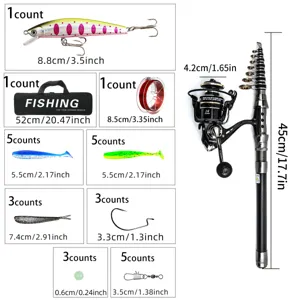 Detailed view of telescopic fishing rod set components, including reel, lures, and fishing line.