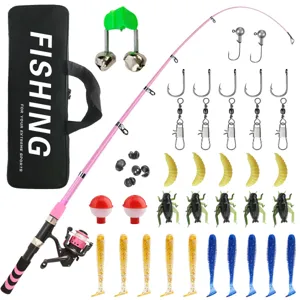Komplettes Angelruten-Set mit Mini-Rute, Angelrolle, Tasche und verschiedenen Ködern für Angler.