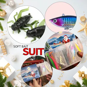 Dettaglio in primo piano del set di esche morbide da pesca di Natale e scatola trasparente.