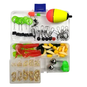 Ensemble complet d'accessoires de pêche avec hameçons, leurres souples et boîte.