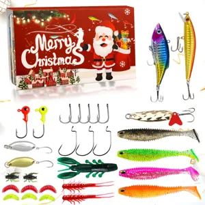 Completo kit di esca da pesca di Natale con varie esche rigide e morbide, ami e scatola.