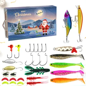 Set di esche da pesca di Natale con esche rigide, morbide, ami e scatola inclusa.