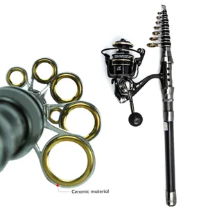Telescopic fishing rod and spinning reel set detail view, featuring durable ceramic guide rings.