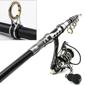 Close-up detail of telescopic fishing rod guide ring and spinning reel mechanism for detail view.