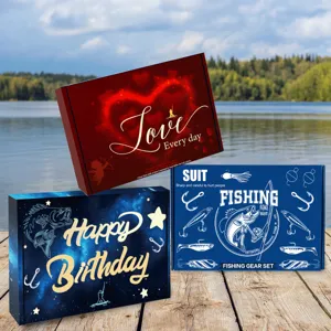 Set di scatole regalo decorative con vari temi stampati tra cui attrezzatura da pesca.