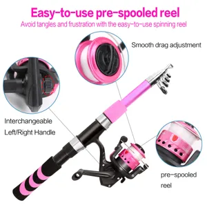 Detailansicht der rosa Teleskopangelrute mit vorderbespulter Spinnrolle für Angler.