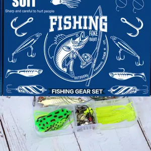 Set da pesca completo con scatola portaoggetti, esche artificiali, ami e accessori.