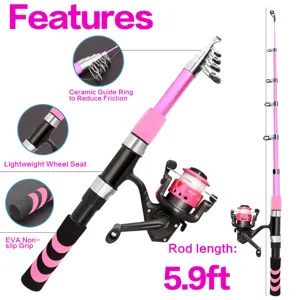 Rosa Teleskop Angelrute mit Rolle Set, 5.9ft tragbare Angelrute mit rutschfestem Griff.