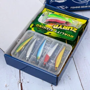 Set completo di esca da pesca con esche rigide e morbide in una pratica scatola per la pesca.