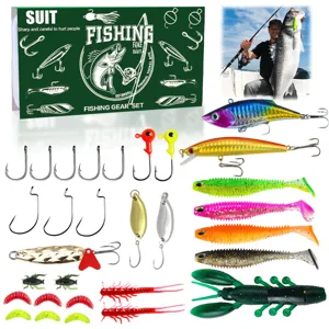 Dettaglio del set di esche da pesca completo con esche rigide, morbide, ami e scatola.