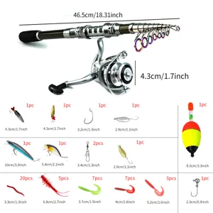 Portable telescopic fishing rod and reel set with various lures, hooks, and accessories.