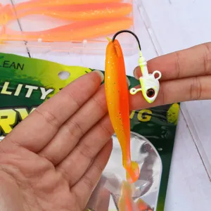 Primo piano di esca da pesca in plastica morbida e testa jig, texture dettagliata.