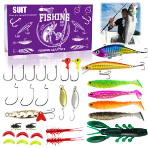 Set completo di esche da pesca con vari soft bait ami e scatola per la pesca all aperto.