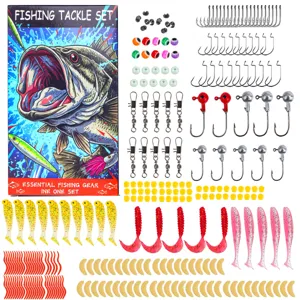 Set completo de aparejos de pesca con señuelos blandos, anzuelos y caja de embalaje.