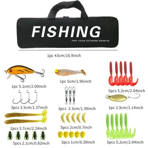 Fishing lure set details showing various soft baits, hard baits, hooks and carrying bag.
