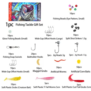 Kit completo de aparejos de pesca con varios anzuelos, cebos blandos y cuentas para pescadores.