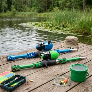 Detailed close-up view of portable fishing rod and reel combo set placed outdoors on wooden dock.