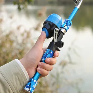 Portable fishing rod with spin cast reel blue camouflage design for outdoor fishing enthusiasts.