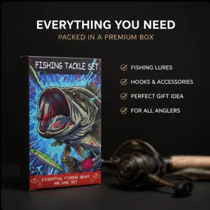 Detalle del juego de aparejos de pesca con caja premium, señuelos y anzuelos incluidos.