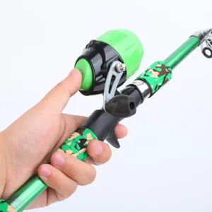 Portable fishing rod set with spinning reel and camo handle for outdoor freshwater fishing.