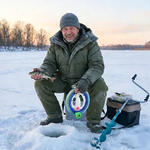 Grand moulinet de pêche sur glace en cristal pour la pêche d'hiver, robuste et facile à manier.
