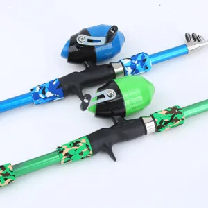 Portable kids fishing rod set with spinning reels and camo grips, perfect for outdoor travel.