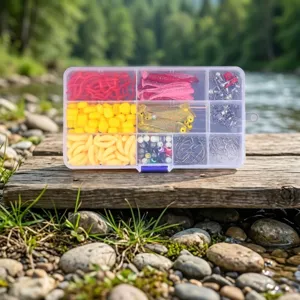 Caja de pesca completa con diversos cebos blandos, cabezas plomadas y anzuelos para la pesca.