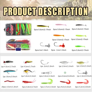 Kit de leurres de pêche complet avec appâts souples, cuillères et boîte de rangement.
