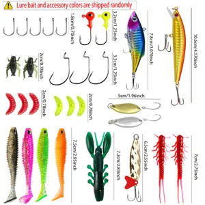 Completo set di esche da pesca con ami, vermi morbidi e dettagliata guida alle dimensioni.