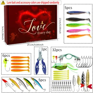 Kit dettagliato di esche da pesca con confezione regalo, esche morbide e rigide, pinza e ami.