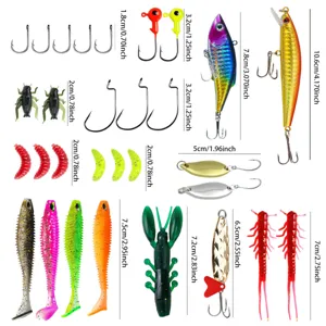 Dettagli sulle dimensioni di esche e ami da pesca che mostrano le specifiche degli accessori.