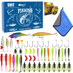 Kit completo di esche da pesca con artificiali, ami, lenza e scatola per la pesca di trote e persici.