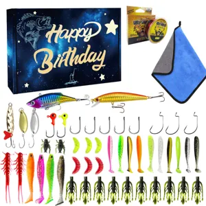 Kit di pesca completo con confezione regalo misteriosa, esche rigide, vermi morbidi e ami da pesca.