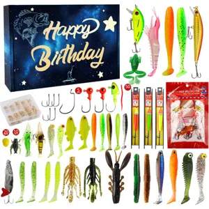 Kit completo di esche da pesca con esche morbide, rigide, ami e pratica scatola portaoggetti.