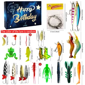 Vista dettagliata dei componenti del kit di esche da pesca con misure, accessori versatili.
