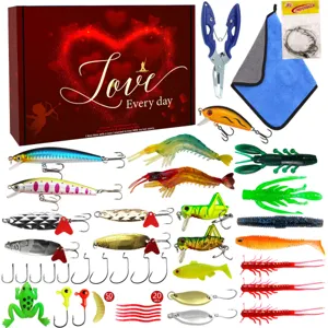 Set completo di esche da pesca con scatola regalo, esche rigide, morbide e attrezzi essenziali.