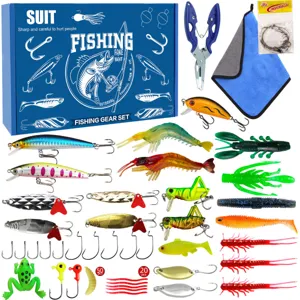 Set da pesca completo con vari esche, ami, pinze e una pratica scatola di conservazione blu.