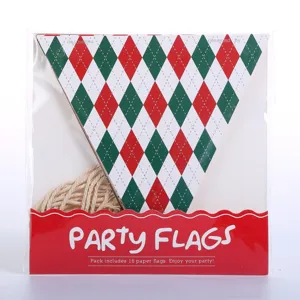 Christmas and Halloween party flags banner with red green diamond pattern paper pennants.