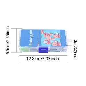 Portable plastic fishing kit box with hooks lines and bobbers for outdoor fishing adventures.