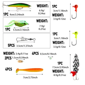 Tabla de especificaciones detalladas que muestra tamaños y pesos de los componentes de pesca.