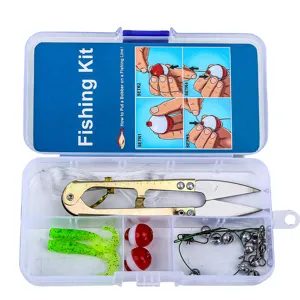 Detailed view of fishing gear tackle box accessories including scissors, hooks and bobbers.