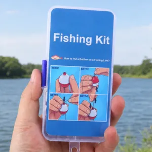 Portable fishing tackle box kit with float bobber setup instructions for outdoor angling.
