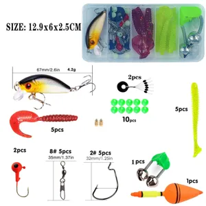 Comprehensive fishing lure set with storage box, hard and soft baits, hooks, and accessories.