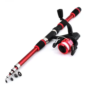 Detailed view of the telescopic fishing rod and spinning reel set in red and black design.