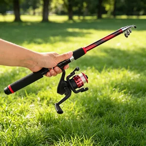 Set combinado de caña de pescar telescópica y carrete para pesca al aire libre en parque verde.