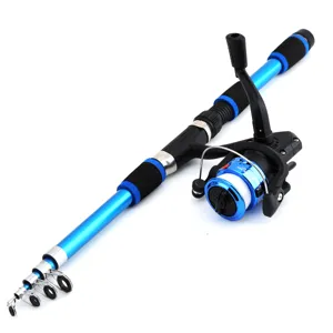 Detailed view of the blue telescopic fishing rod and spinning reel set, portable outdoor gear.