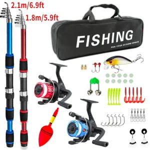 Complete telescopic fishing rod and reel set with portable carry bag and assorted fishing lures.