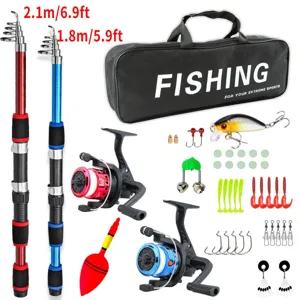 Complete fishing rod set with 1.8m and 2.1m telescoping poles, reels, and bait accessories.