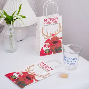 Christmas gift paper bag with cute reindeer and Santa design for holiday packing.